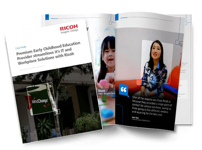 Ricoh Case Study mockup titled "Premium Early Childhood Education Provider Streamlines its IT and Workplace Solutions with Ricoh"