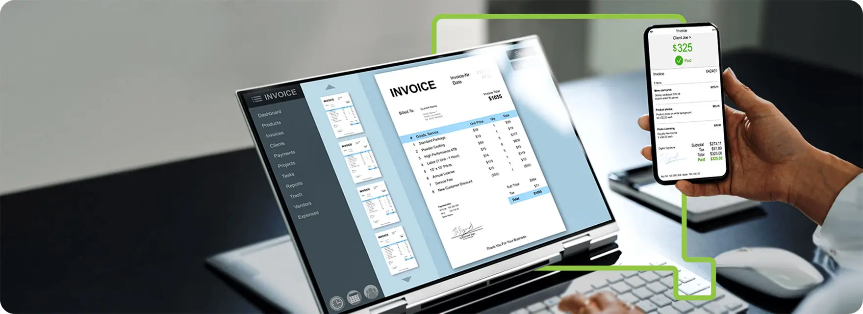 Mockup showing invoice app on smart phone with same information dispalyed on a desktop app in backgreound